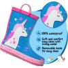 K KomForme Kids Rain Boots Waterproof Printed Rubber boots with Handles, Size 1 Big Kid, Sleepy Unicorn