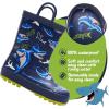 K KomForme Kids Rain Boots Waterproof Printed Rubber boots with Handles(Navy Shark)