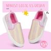 K KomForme Kids Shoes Toddlers Canvas Sneakers Slip on Walking Tennis Shoes for Boys Girls(Toddler/Little Kids/Big Kids)(White/Pink Glitter)