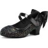 K KomForme Girls Dress Shoes Glitter Mary Jane Pumps with Bow, Low Heel Party Wedding Princess Shoes (Toddler/Little Kids/Big Kids)(Black Glitter Silk)