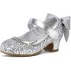 K KomForme Girls Dress Shoes Glitter Mary Jane Pumps with Bow, Low Heel Party Wedding Princess Shoes (Toddler/Little Kids/Big Kids)(Silver Glitter Silk)