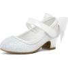 K KomForme Girls Dress Shoes Glitter Mary Jane Pumps with Bow, Low Heel Party Wedding Princess Shoes (Toddler/Little Kids/Big Kids)(White Glitter Silk)