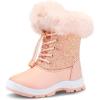 K KomForme Girls Glitter Snow Boots Kids Bungee Lacing Warm Faux Fur-Lined Anti-Slip Outdoor Winter Shoes Toddler/Little Kid/Big Kid(Pink)