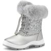 K KomForme Girls Glitter Snow Boots Kids Bungee Lacing Warm Faux Fur-Lined Anti-Slip Outdoor Winter Shoes Toddler/Little Kid/Big Kid(Silver)
