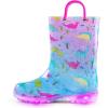 K KomForme Kids Rain Boots, Waterproof Light up Boots with Easy-on Handles(Colorful Pink Dinosaur)