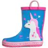 K KomForme Kids Rain Boots Waterproof Printed Rubber boots with Handles, Size 1 Big Kid, Sleepy Unicorn