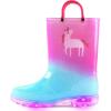K KomForme Toddler Light Up Rain Boots for Girls Boys Waterproof Rain Boots with Handles Outdoors(Blue Pink Unicorn)