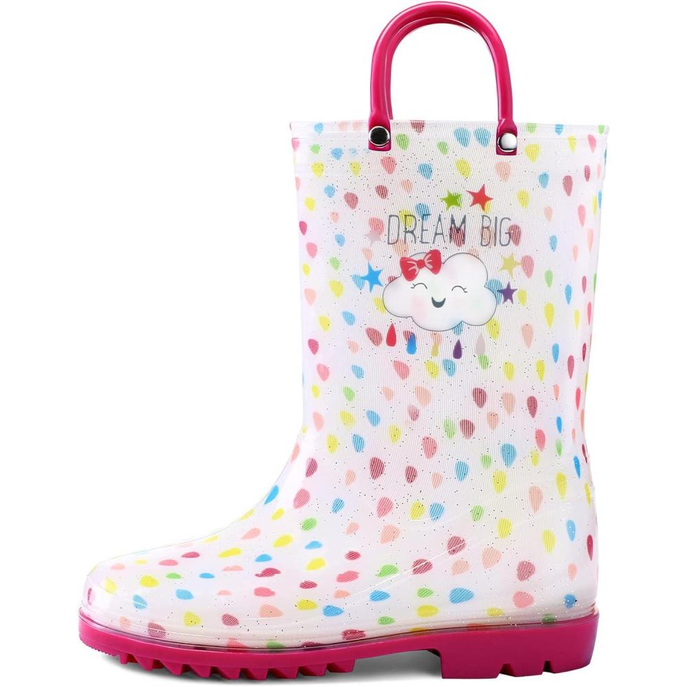 imageSHOFORT Kids Boys Girls Rain Boots with Easyon Handles Rainboots ToddlerLittle KidBig KidPink Dot