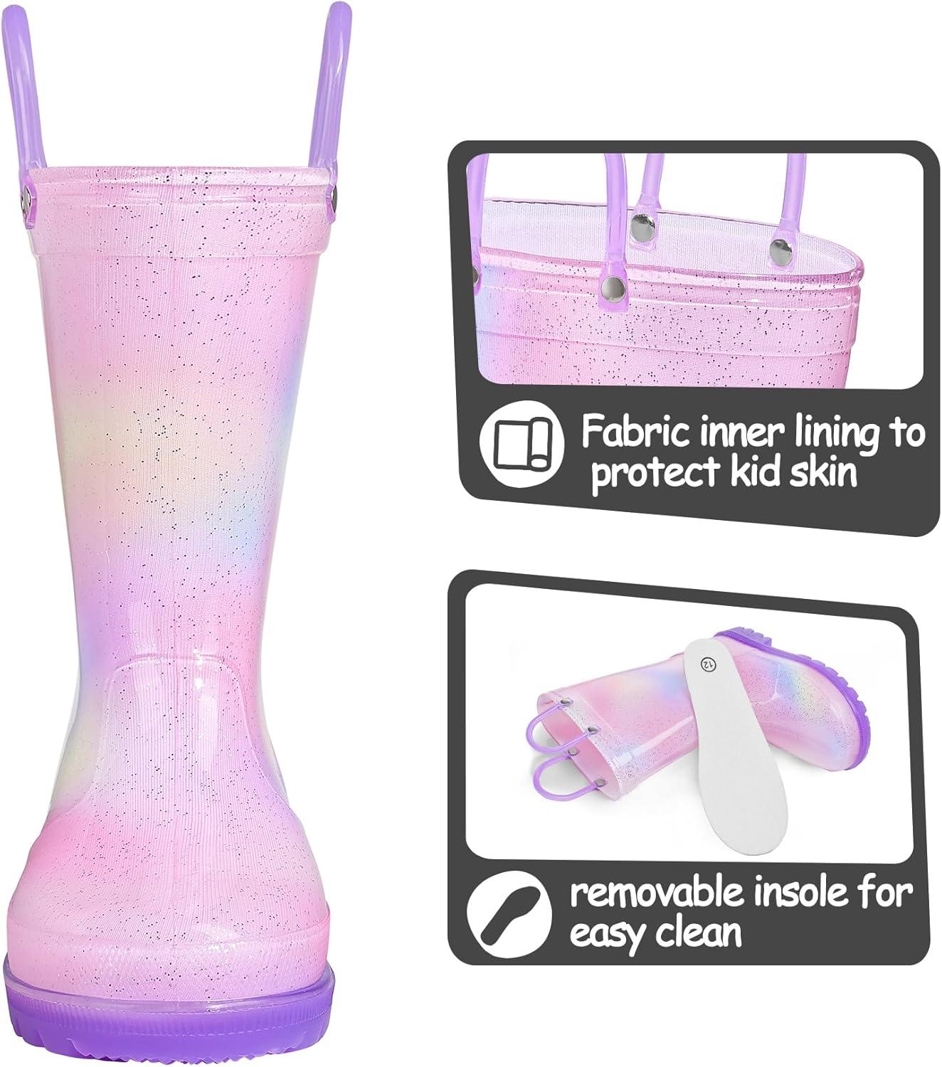 imageK KomForme Toddler Light Up Rain Boots for Girls Boys Waterproof Rain Boots with Handles OutdoorsGradient Purple