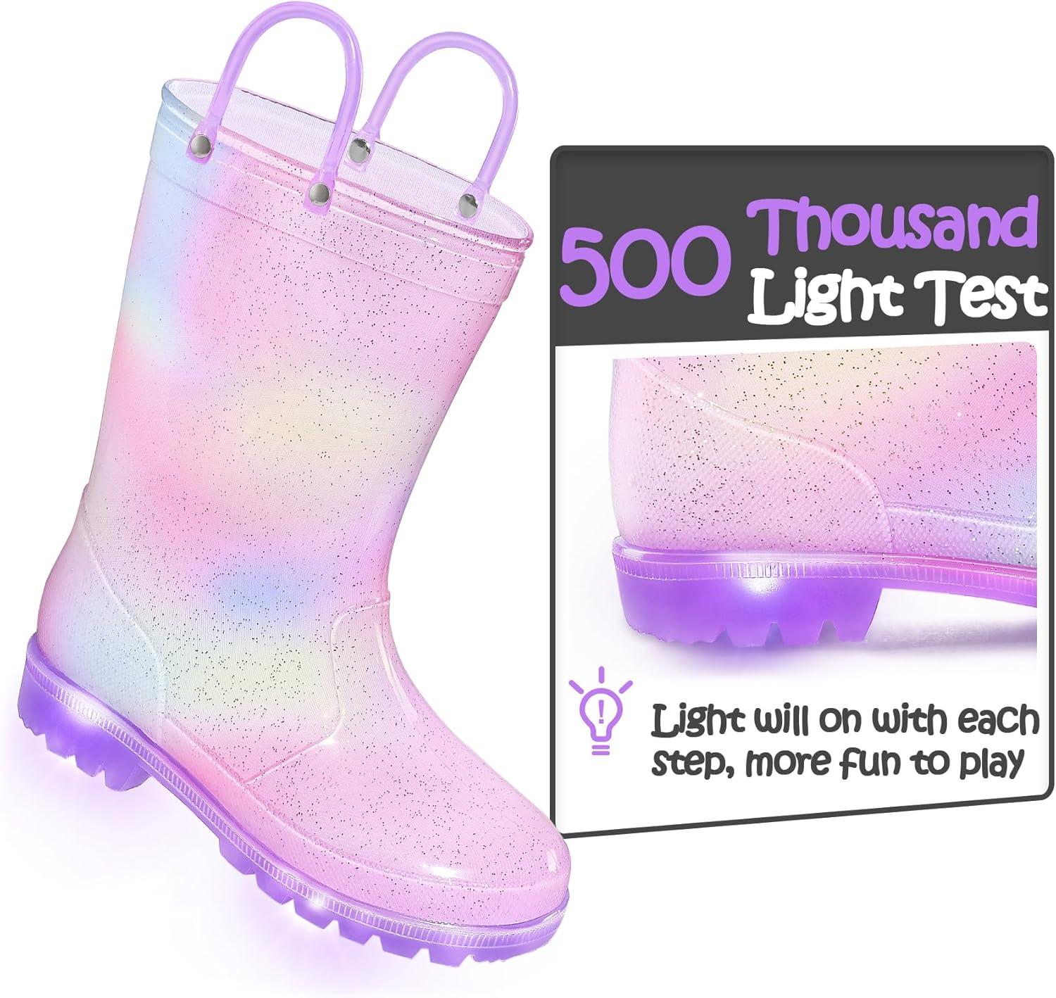 imageK KomForme Toddler Light Up Rain Boots for Girls Boys Waterproof Rain Boots with Handles OutdoorsGradient Purple