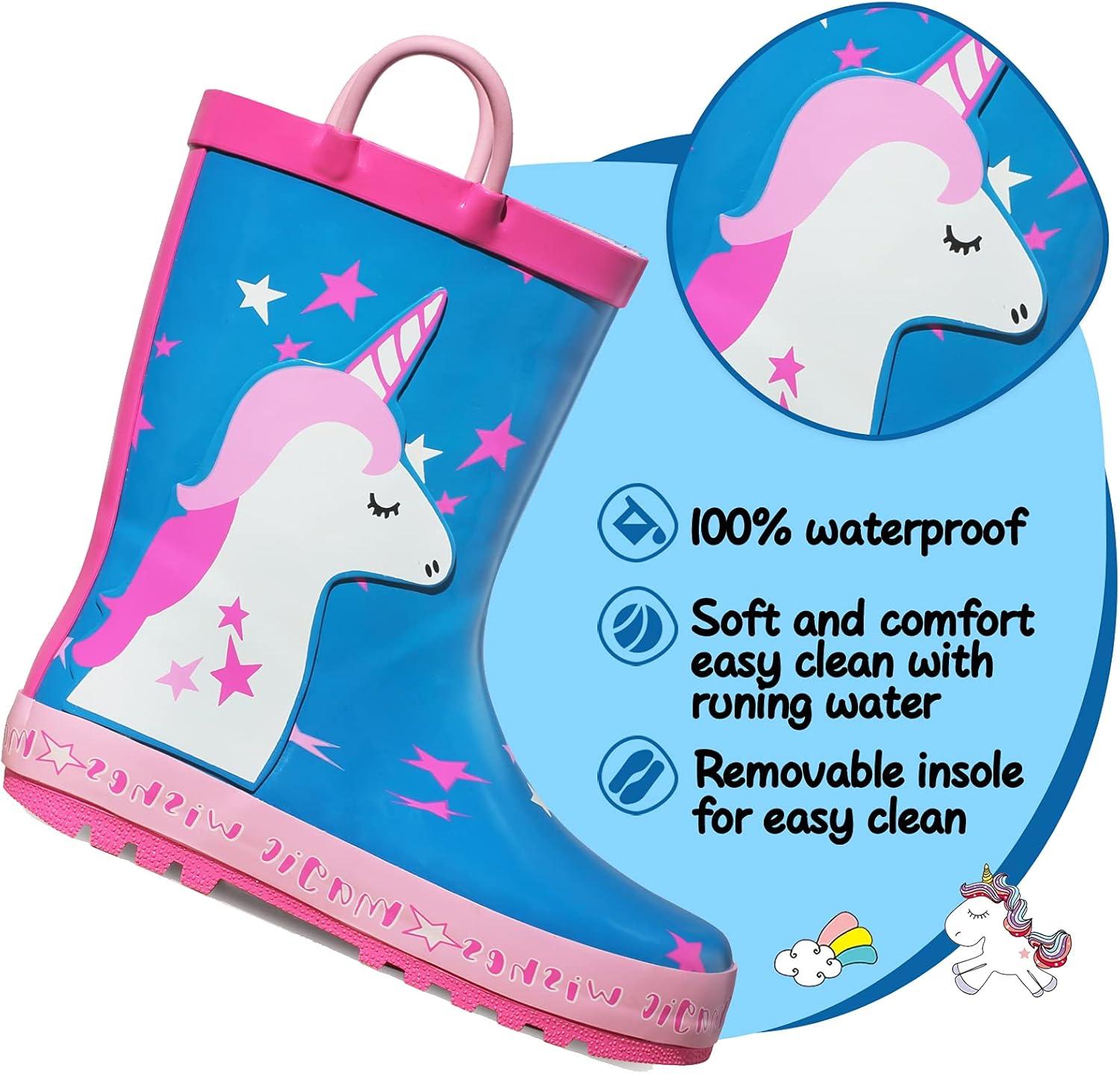 imageK KomForme Kids Rain Boots Waterproof Printed Rubber boots with HandlesSleepy Unicorn