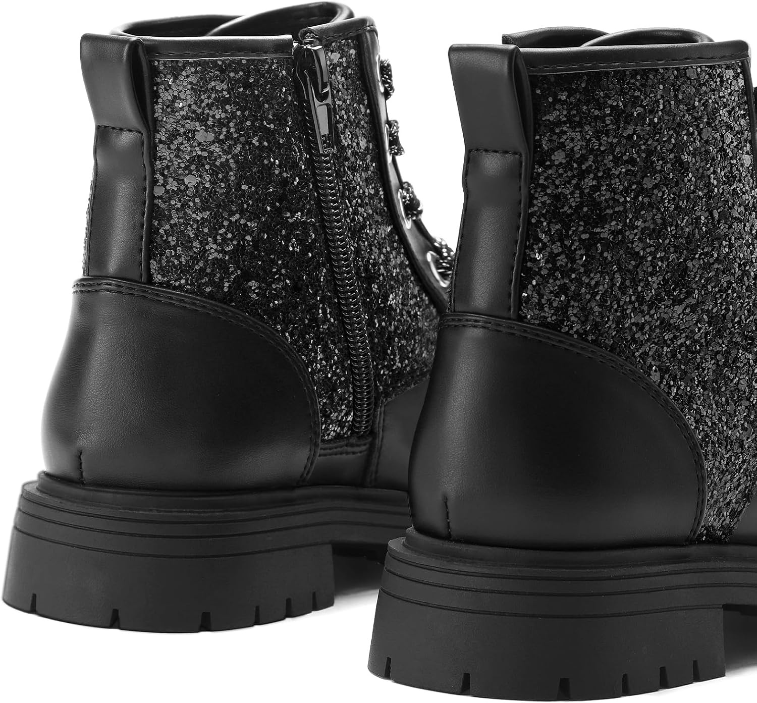 imageK KomForme Girls Glitter Ankle Boots Lace Up Waterproof Combat Shoes With Side Zipper for ToddlerLittle KidBig KidBlack Glitter
