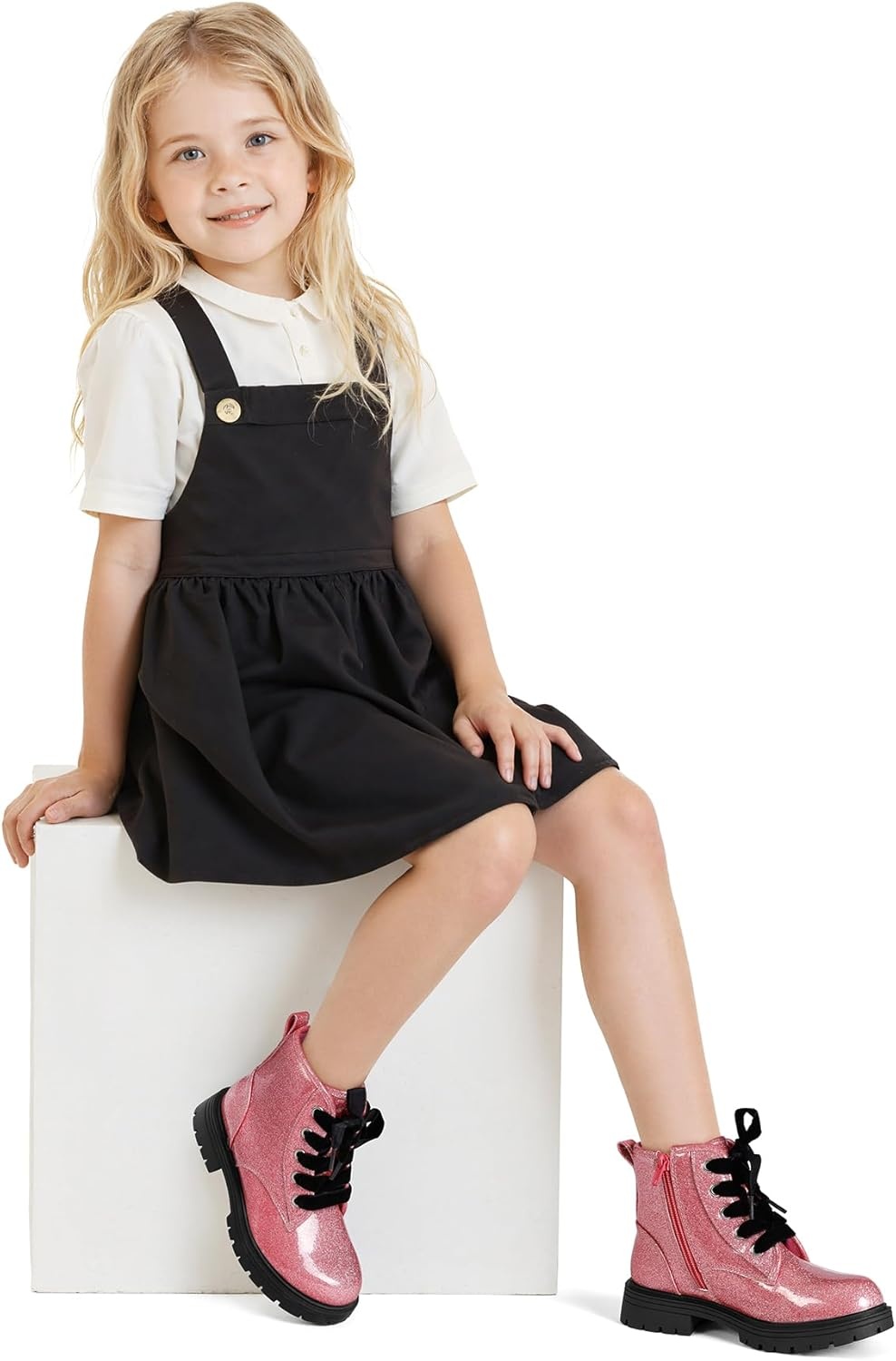 imageK KomForme Girls Glitter Ankle Boots Lace Up Waterproof Combat Shoes With Side Zipper for ToddlerLittle KidBig KidPink