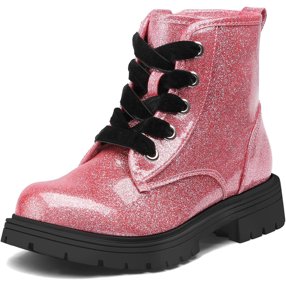 imageK KomForme Girls Glitter Ankle Boots Lace Up Waterproof Combat Shoes With Side Zipper for ToddlerLittle KidBig KidPink