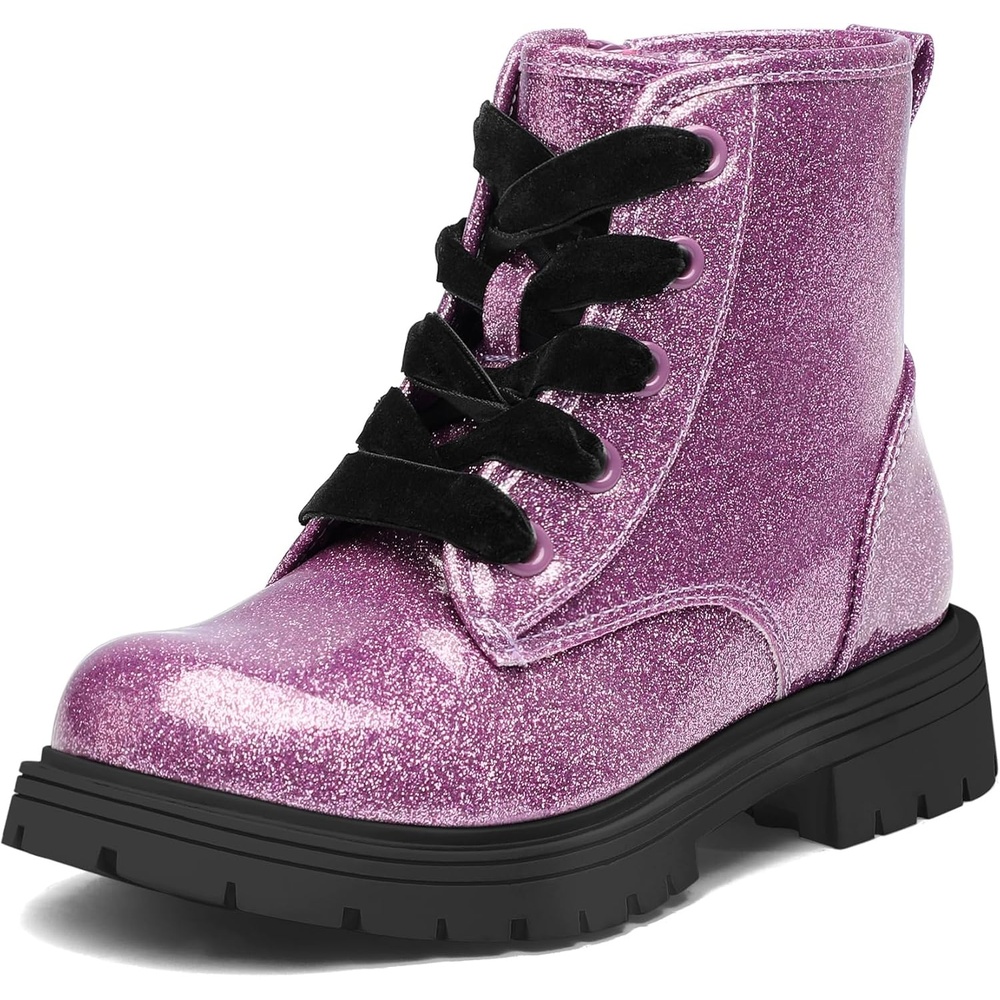 imageK KomForme Girls Glitter Ankle Boots Lace Up Waterproof Combat Shoes With Side Zipper for ToddlerLittle KidBig KidPurple