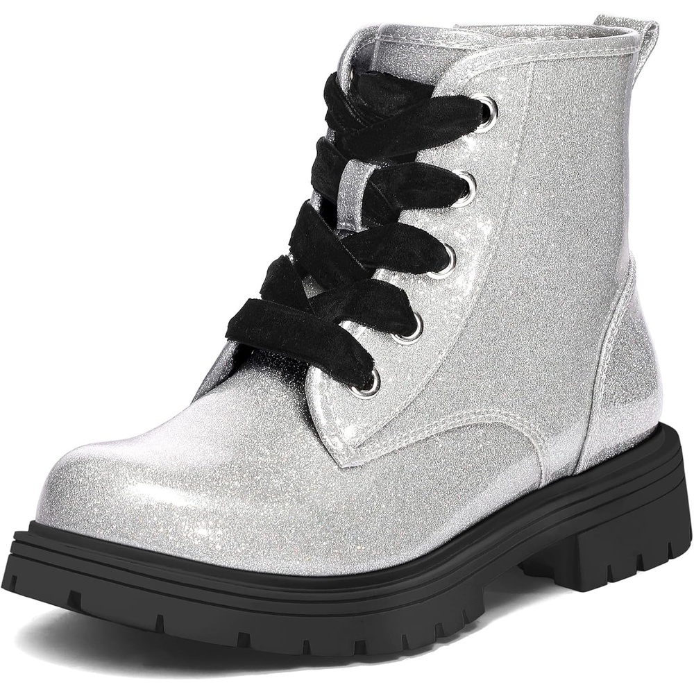 imageK KomForme Girls Glitter Ankle Boots Lace Up Waterproof Combat Shoes With Side Zipper for ToddlerLittle KidBig KidSliver
