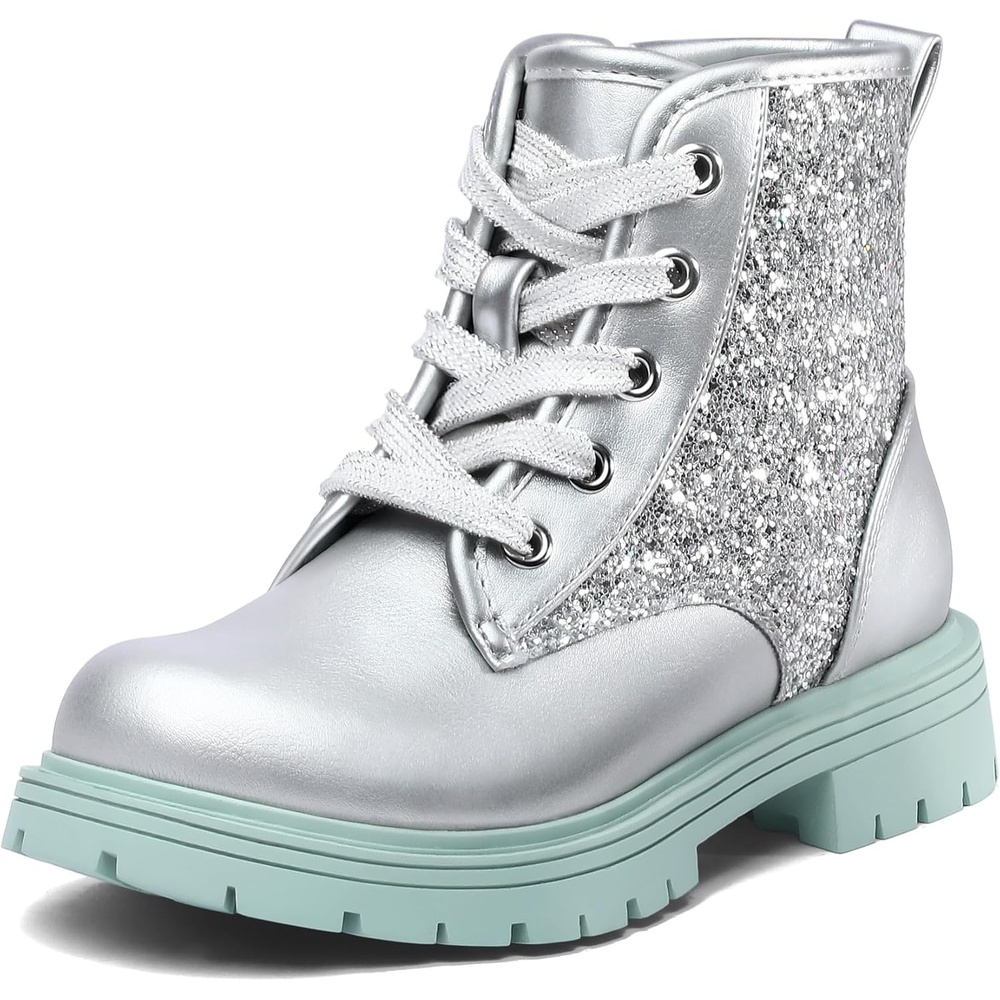 imageK KomForme Girls Glitter Ankle Boots Lace Up Waterproof Combat Shoes With Side Zipper for ToddlerLittle KidBig KidSliver Glitter