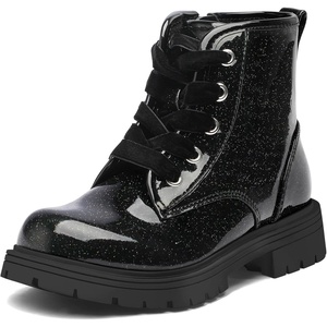 K KomForme Girls Glitter Ankle Boots Lace Up Waterproof Combat Shoes With Side Zipper for Toddler/Little Kid/Big Kid(Black)