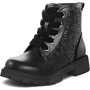 K KomForme Girls Glitter Ankle Boots Lace Up Waterproof Combat Shoes With Side Zipper for Toddler/Little Kid/Big Kid(Black Glitter)