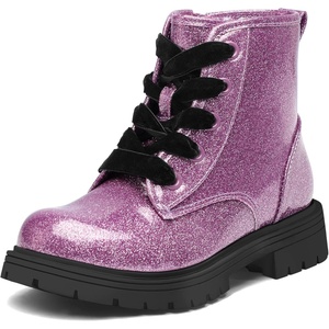 K KomForme Girls Glitter Ankle Boots Lace Up Waterproof Combat Shoes With Side Zipper for Toddler/Little Kid/Big Kid(Purple)