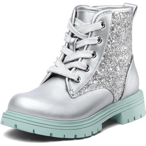 K KomForme Girls Glitter Ankle Boots Lace Up Waterproof Combat Shoes With Side Zipper for Toddler/Little Kid/Big Kid(Sliver Glitter)