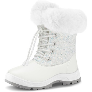 K KomForme Girls Bungee Lacing Glitter Snow Boots(White)