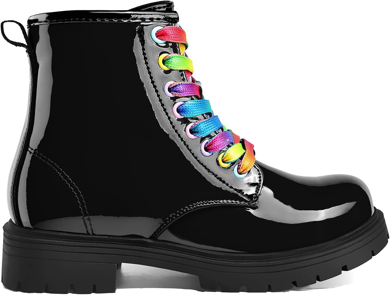 image:imageGirls Boys Combat Boots Kid Ankle Boots with Side Zipper Water Resistant Low Block HeelLug Sole Lace UpBlack PatentRainbow