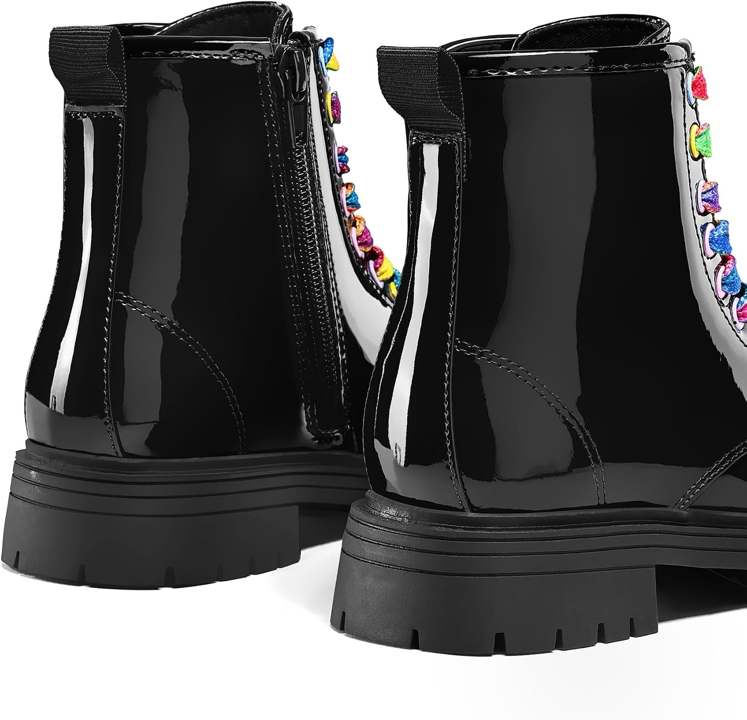 image:imageGirls Boys Combat Boots Kid Ankle Boots with Side Zipper Water Resistant Low Block HeelLug Sole Lace UpBlack PatentRainbow