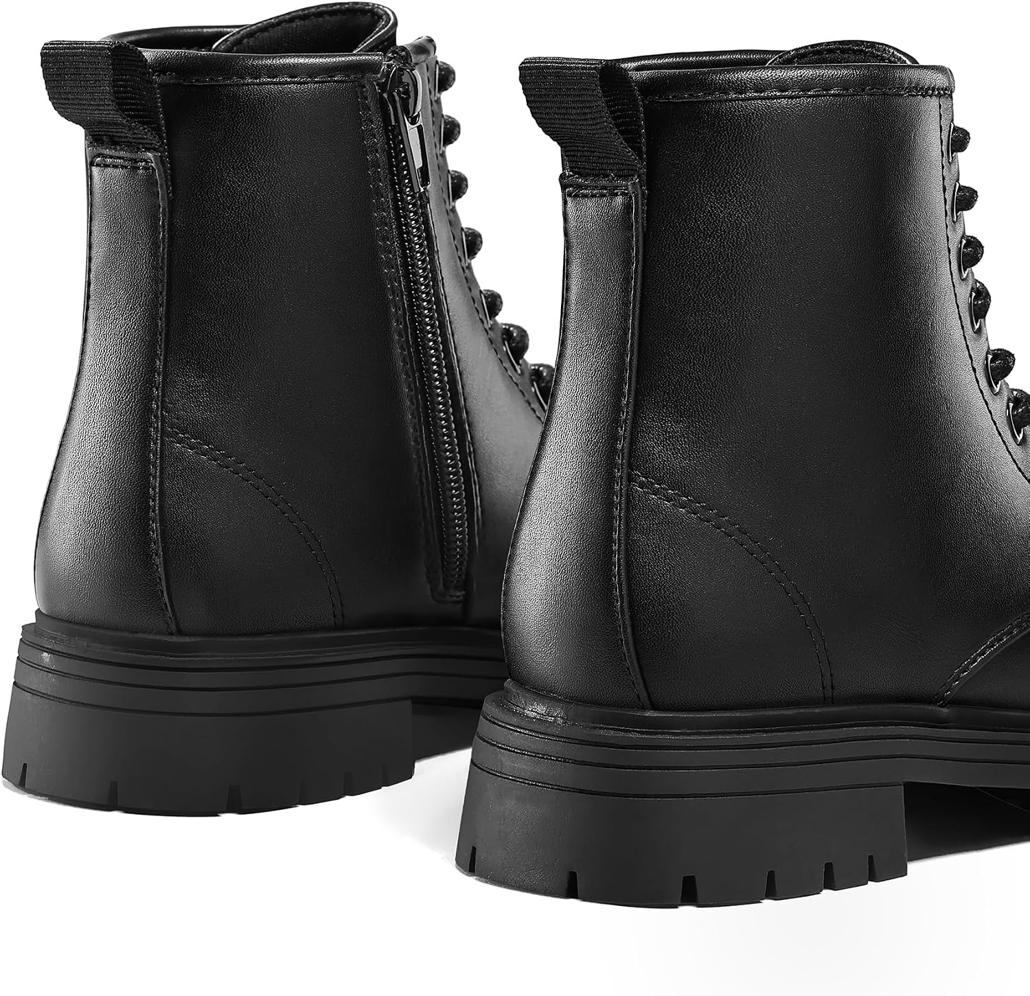 image:imageGirls Boys Combat Boots Kid Ankle Boots with Side Zipper Water Resistant Low Block HeelLug Sole Lace UpBlack Pu