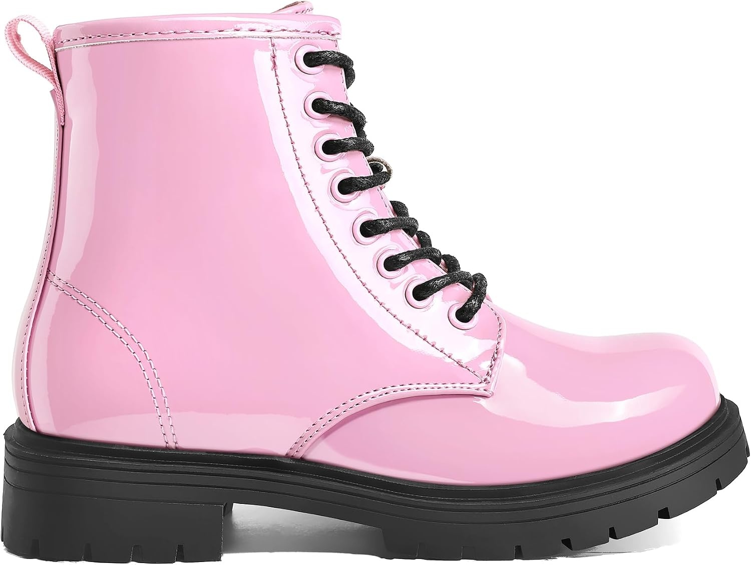 image:imageGirls Boys Combat Boots Kid Ankle Boots with Side Zipper Water Resistant Low Block HeelLug Sole Lace UpPink Patent