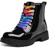 Girls Boys Combat Boots Kid Ankle Boots with Side Zipper | Water Resistant, Low Block Heel,Lug Sole, Lace Up(Black Patent/Rainbow)