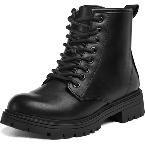 Girls Boys Combat Boots Kid Ankle Boots with Side Zipper | Water Resistant, Low Block Heel,Lug Sole, Lace Up(Black Pu)