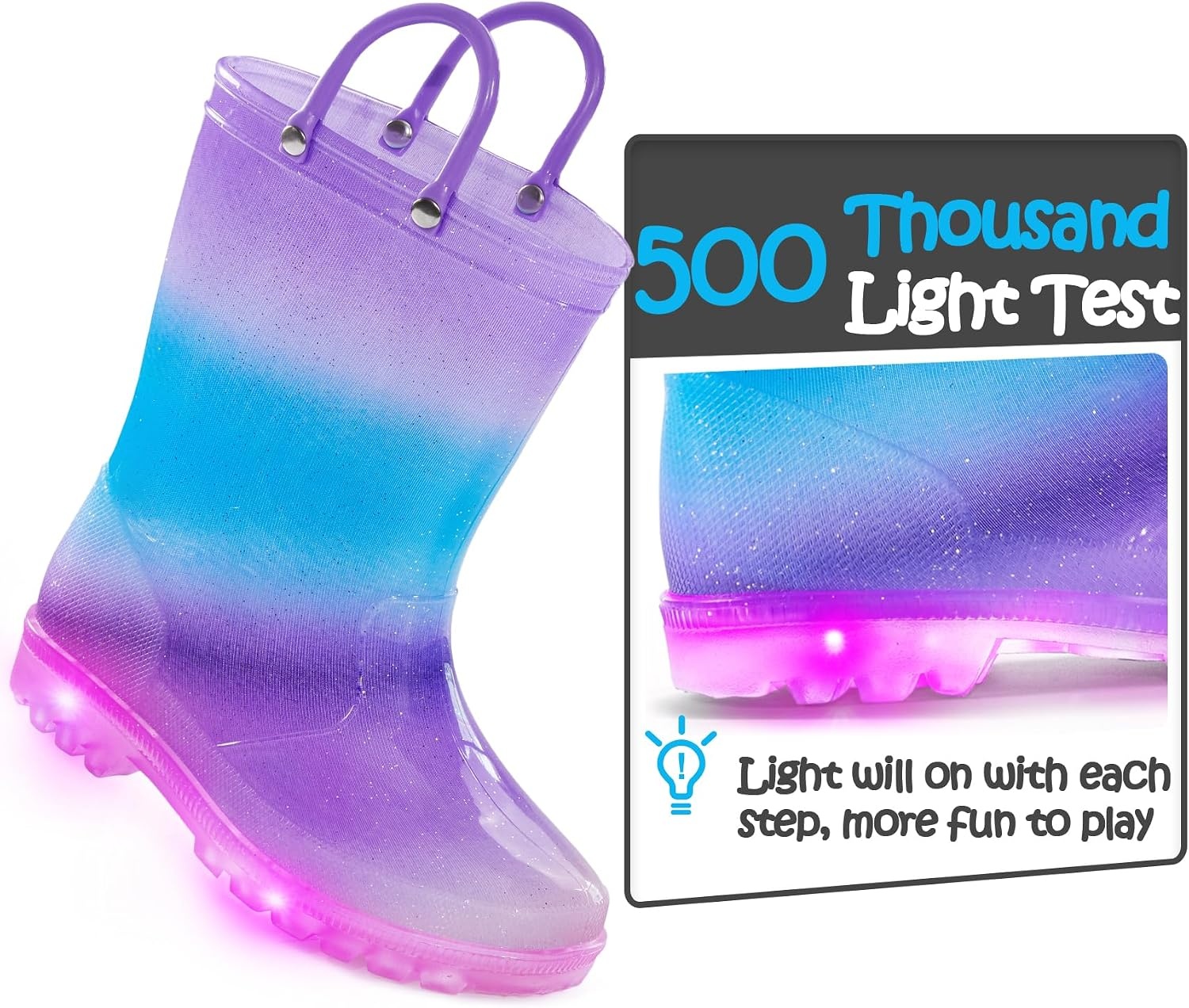image:imageK KomForme Kids Rain Boots Boys Girls Light up Boots with Easyon HandlesApurple Blue Gradient