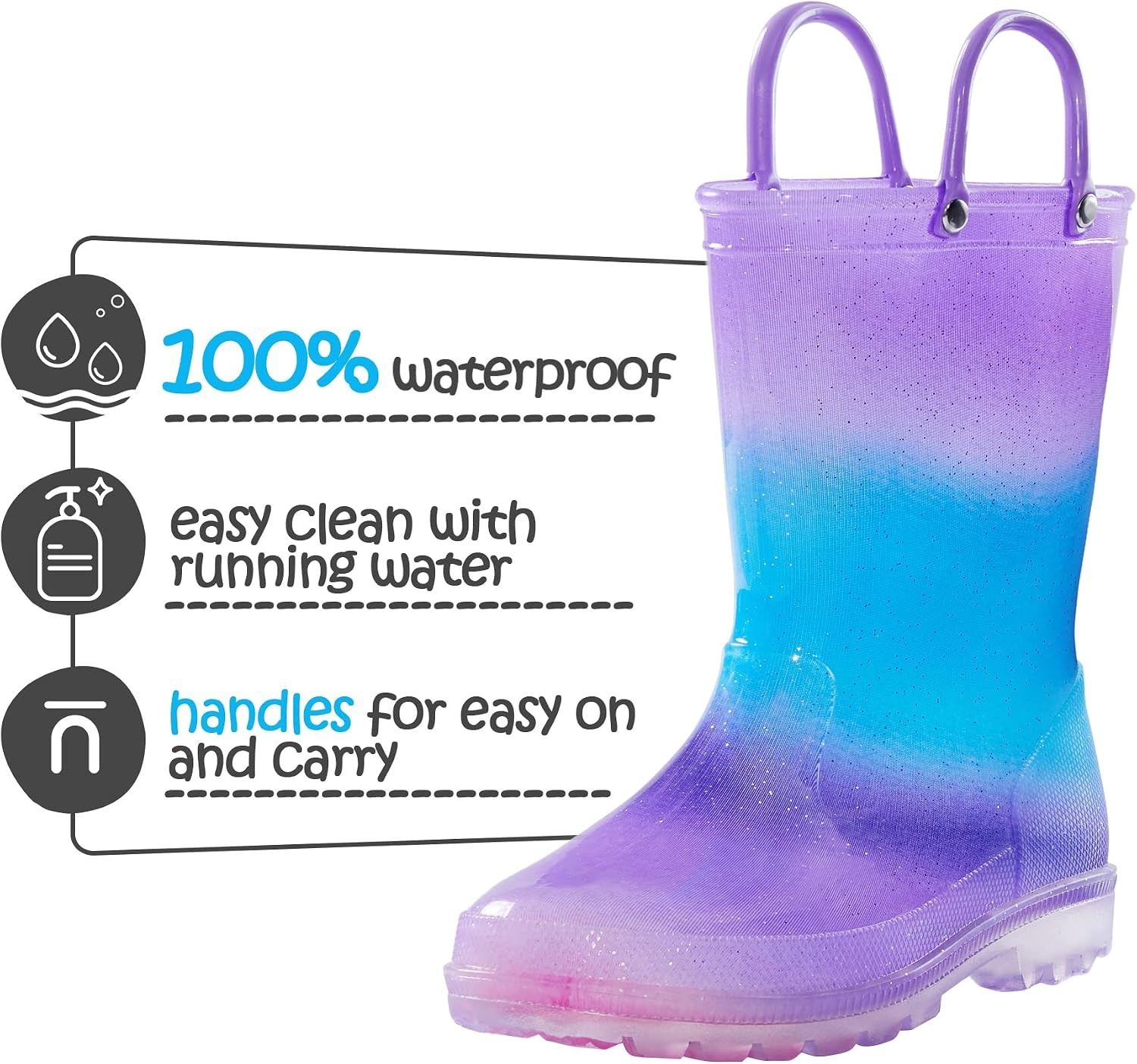 image:imageK KomForme Kids Rain Boots Boys Girls Light up Boots with Easyon HandlesApurple Blue Gradient