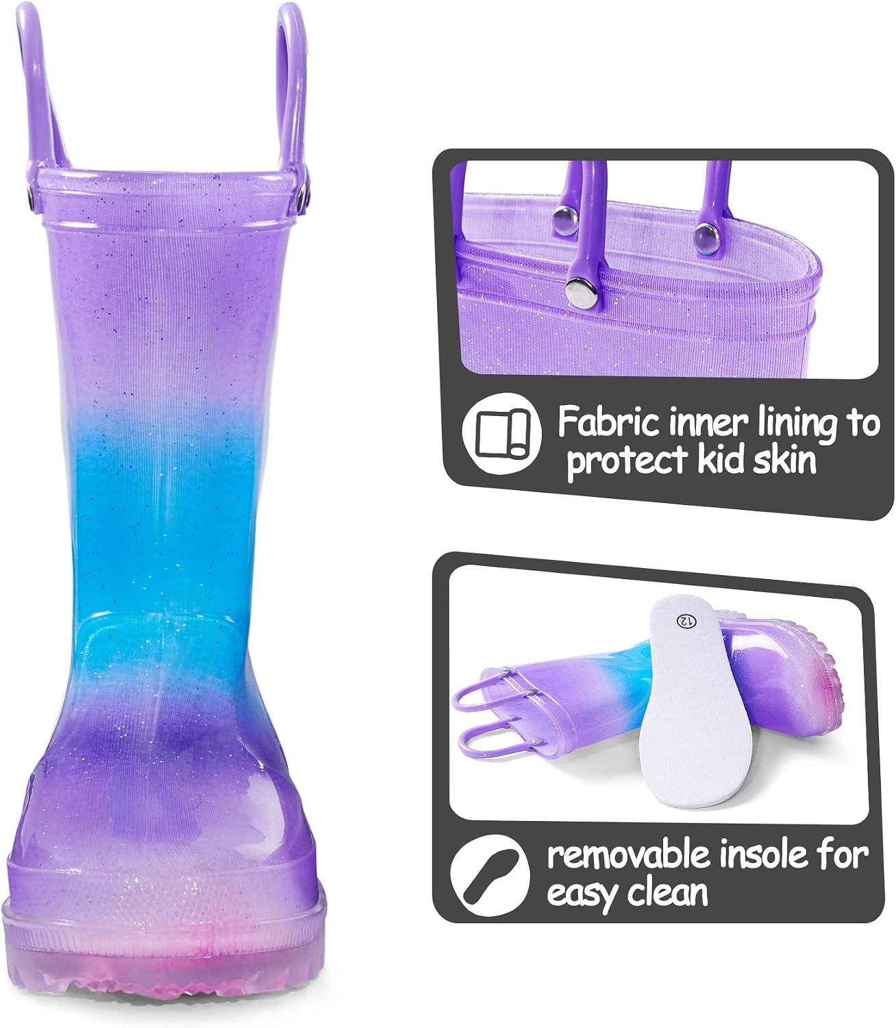 image:imageK KomForme Kids Rain Boots Boys Girls Light up Boots with Easyon HandlesApurple Blue Gradient