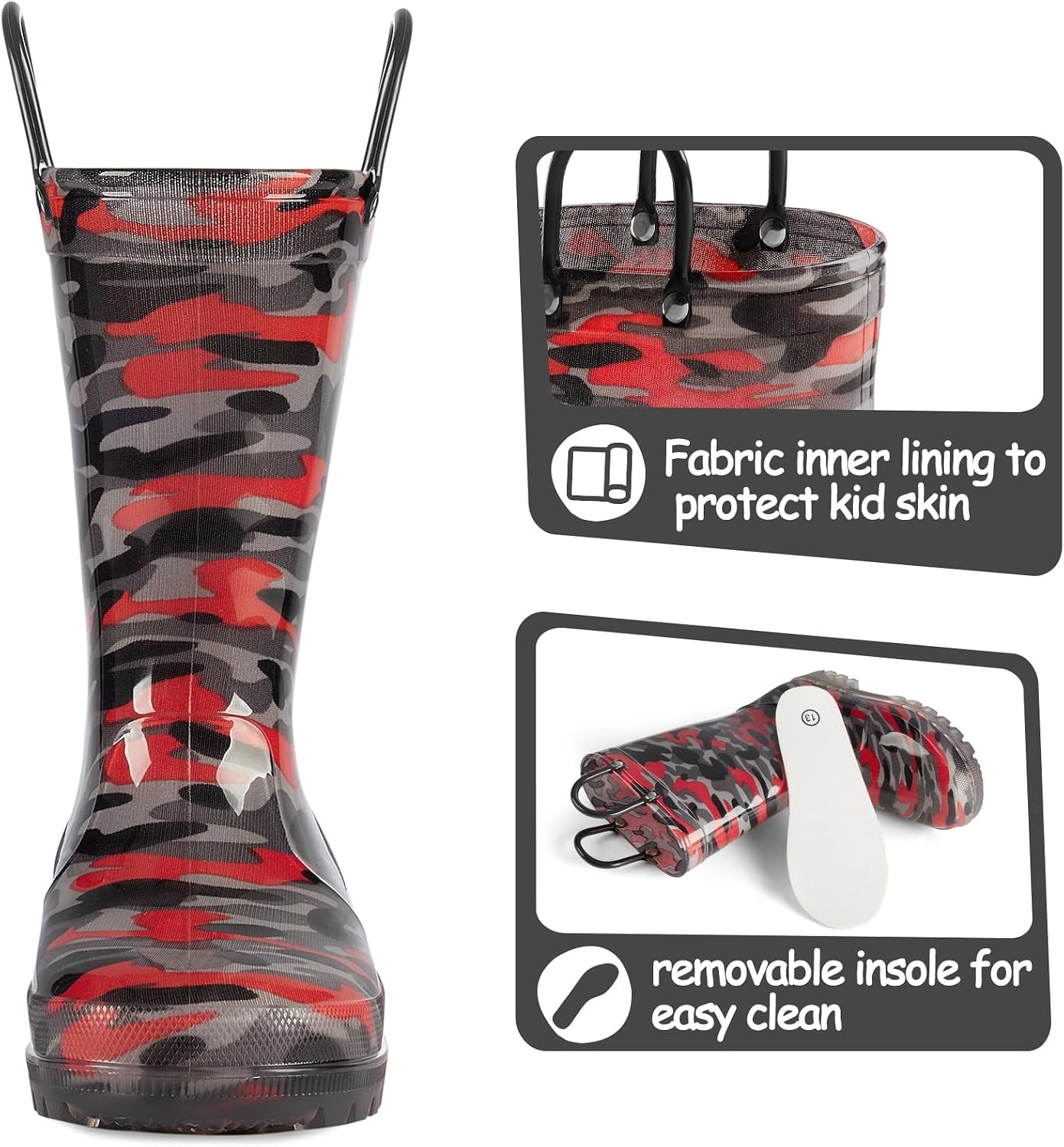 image:imageK KomForme Kids Rain Boots Boys Girls Light up Boots with Easyon HandlesBlackRed Camouflage