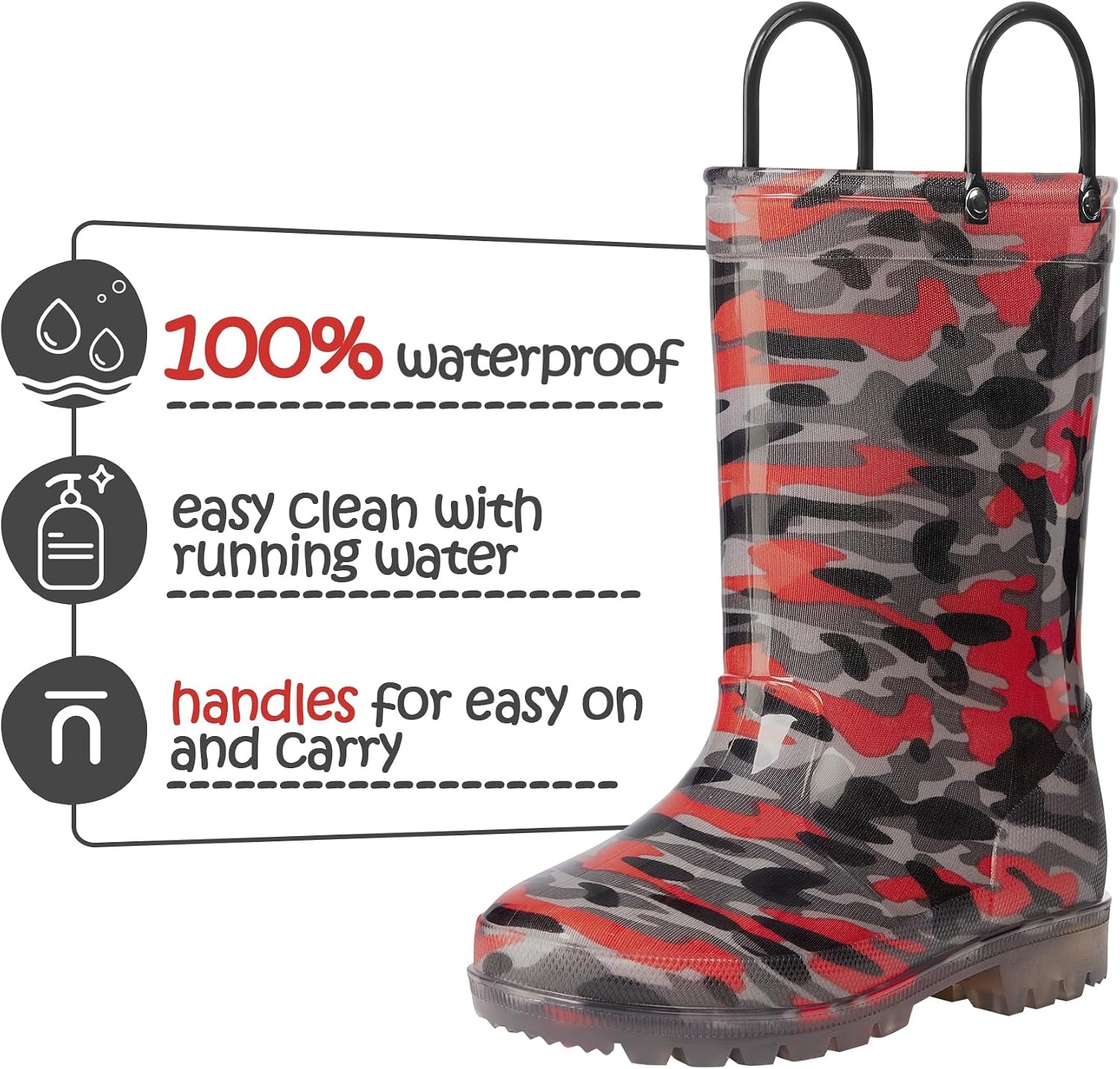 image:imageK KomForme Kids Rain Boots Boys Girls Light up Boots with Easyon HandlesBlackRed Camouflage