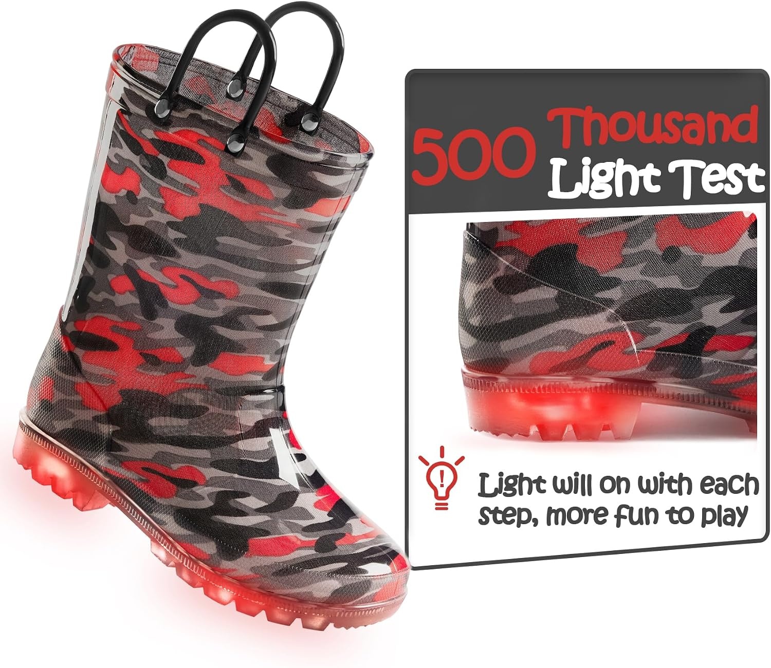 image:imageK KomForme Kids Rain Boots Boys Girls Light up Boots with Easyon HandlesBlackRed Camouflage