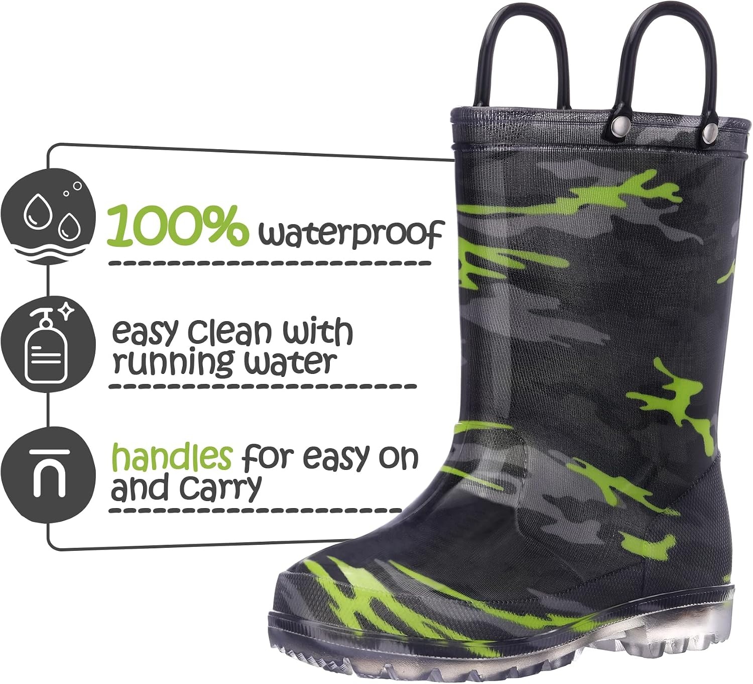 image:imageK KomForme Kids Rain Boots Boys Girls Light up Boots with Easyon HandlesCamouflage
