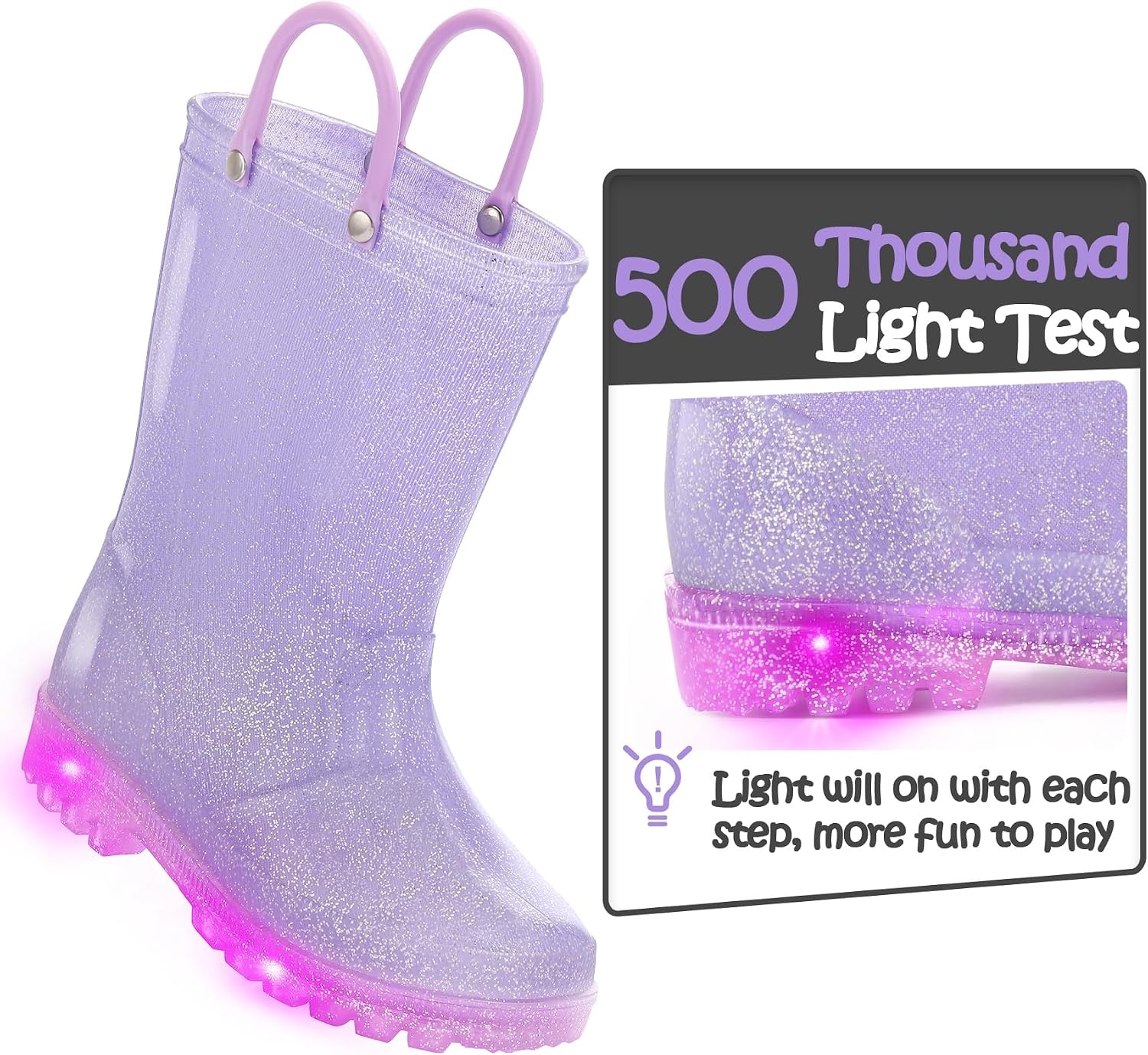 image:imageK KomForme Kids Rain Boots Boys Girls Light up Boots with Easyon HandlesPurple Glitter