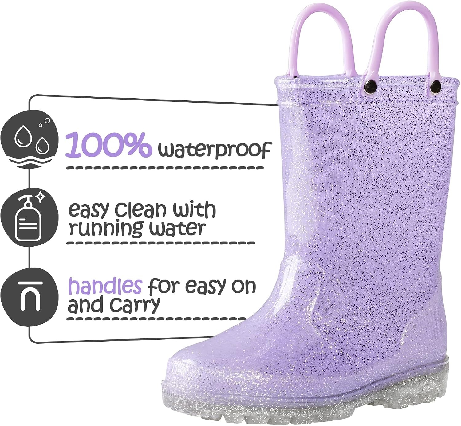 image:imageK KomForme Kids Rain Boots Boys Girls Light up Boots with Easyon HandlesPurple Glitter