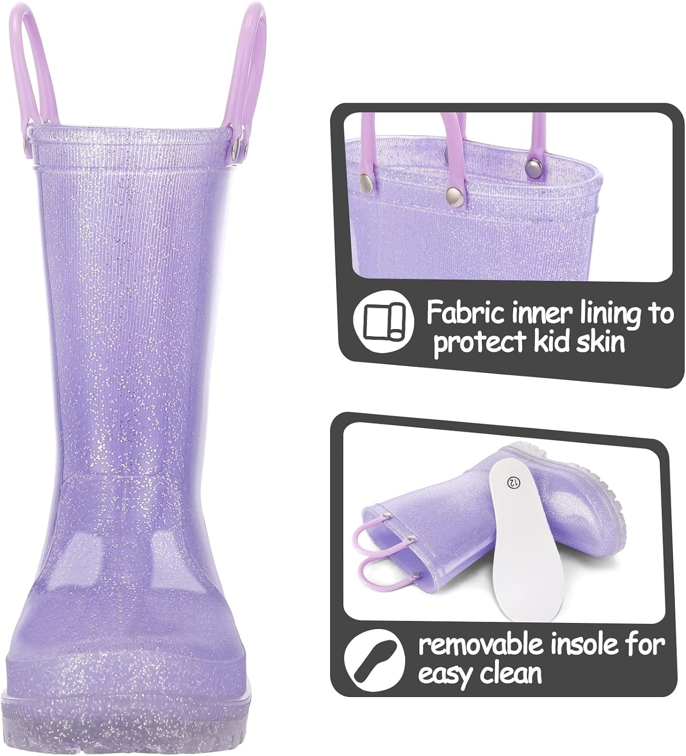 image:imageK KomForme Kids Rain Boots Boys Girls Light up Boots with Easyon HandlesPurple Glitter