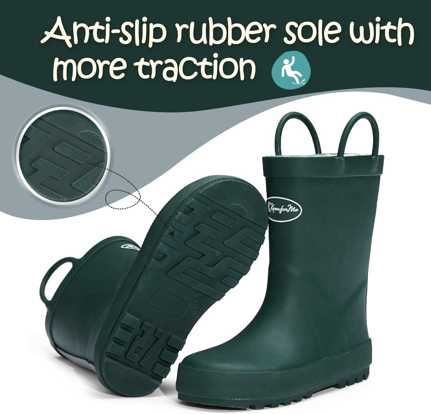 image:imageK KomForme Kids Rain Boots Waterproof Rubber Boots with Easyon HandlesDark Green