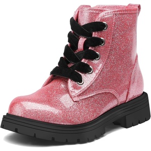 K KomForme Girls Glitter Ankle Boots Kid Combat Shoes With Side Zipper(Pink)
