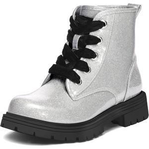 K KomForme Girls Glitter Ankle Boots Kid Combat Shoes With Side Zipper(Sliver)