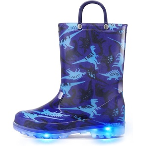 K KomForme Kids Rain Boots Boys Girls Light up Boots with Easy-on Handles(Blue Dinosaur)