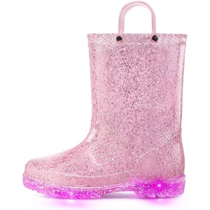 K KomForme Kids Rain Boots Boys Girls Light up Boots with Easy-on Handles(Shiny Red)
