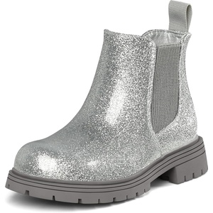 K KomForme Girl Glitter Ankle Boot Side Zipper Chelsea Booties Lug Sole(Silver)