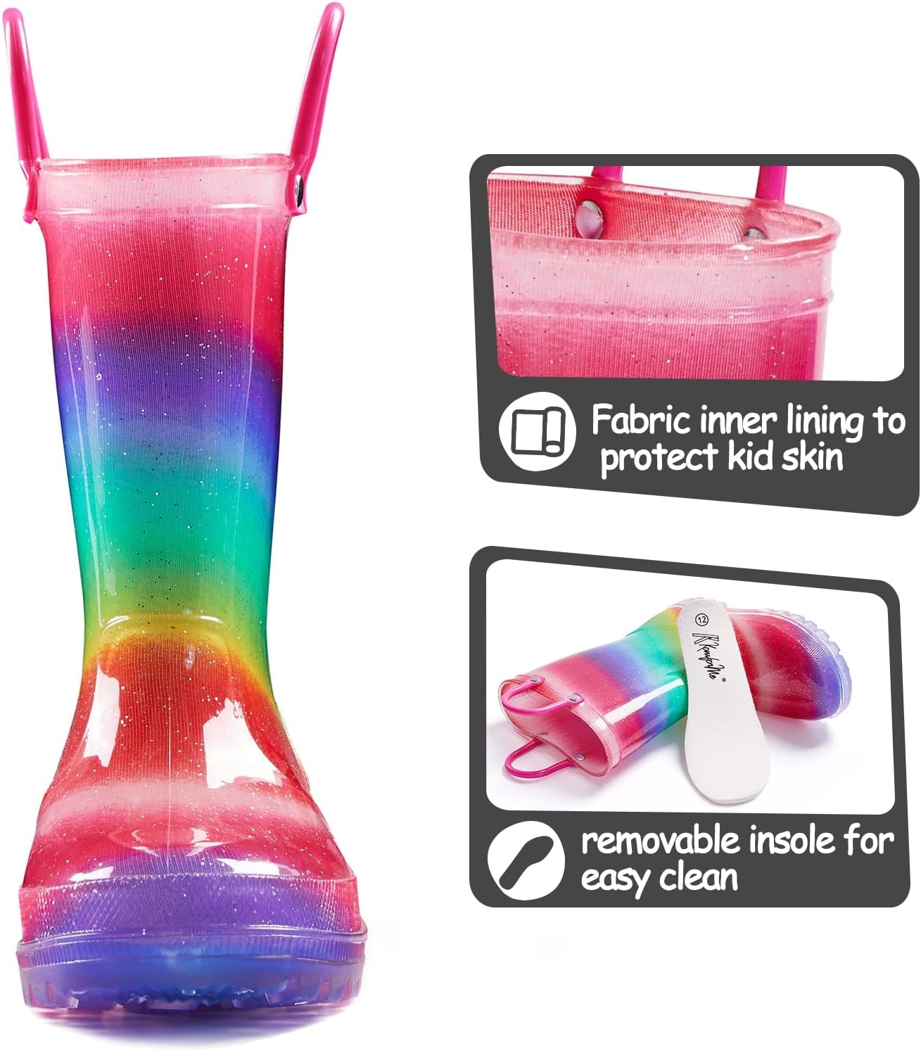 image:imageK KomForme Toddler Light Up Rain Boots for Girls Boys Waterproof Rain BootsShimmer Rainbow