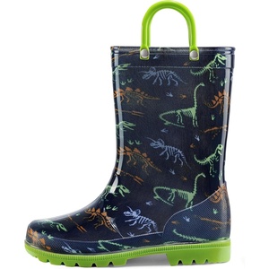 K KomForme Girls Boys Rain Boots Waterproof Boots with Easy on Handles(Green Dinosaur)